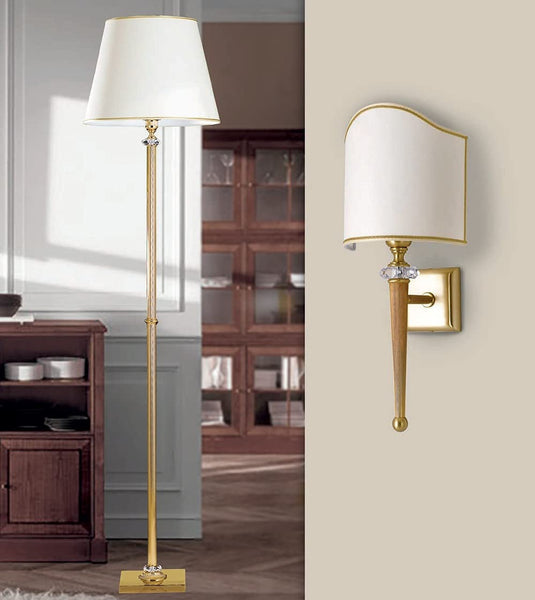 Piantana lampada da terra classica a 1 luce in ottone oro lucido e cristalli molati con paralume in tessuto avorio con bordino oro PR 7007/T