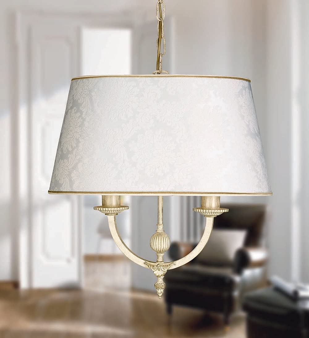 Lampadario a sospensione classico a 2 luci in ottone avorio decapato oro con fregi decorativi in fusione di ottone e paralume damascato panna PR 6940/S50