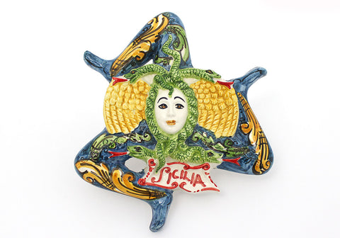 Trinacria siciliana in ceramica di Caltagirone realizzata e decorata a mano D18cm