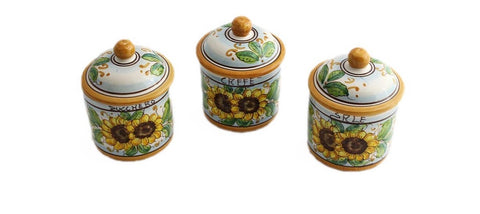 Tris 3 barattoli sale zucchero e caffè in ceramica decorata a mano da ceramisti siciliani girasole art 8