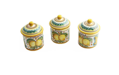 Tris 3 barattoli sale zucchero e caffè in ceramica decorata a mano da ceramisti siciliani limoni art 8